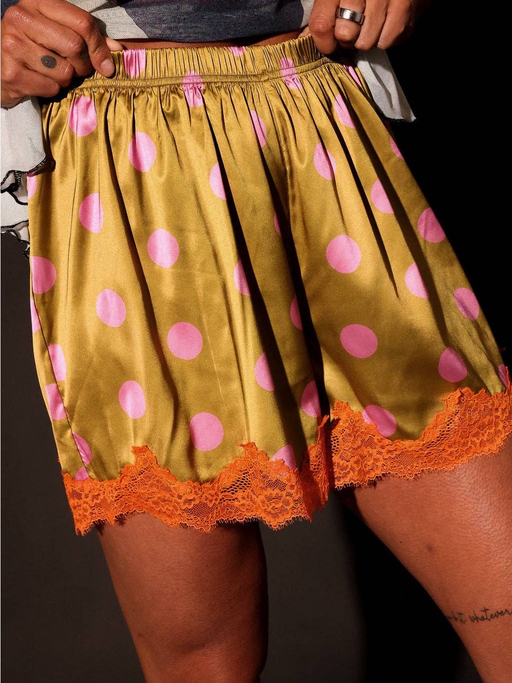 Gold Polka Dot Satin Women’s Shorts with Pink Dots & Orange Lace Trim